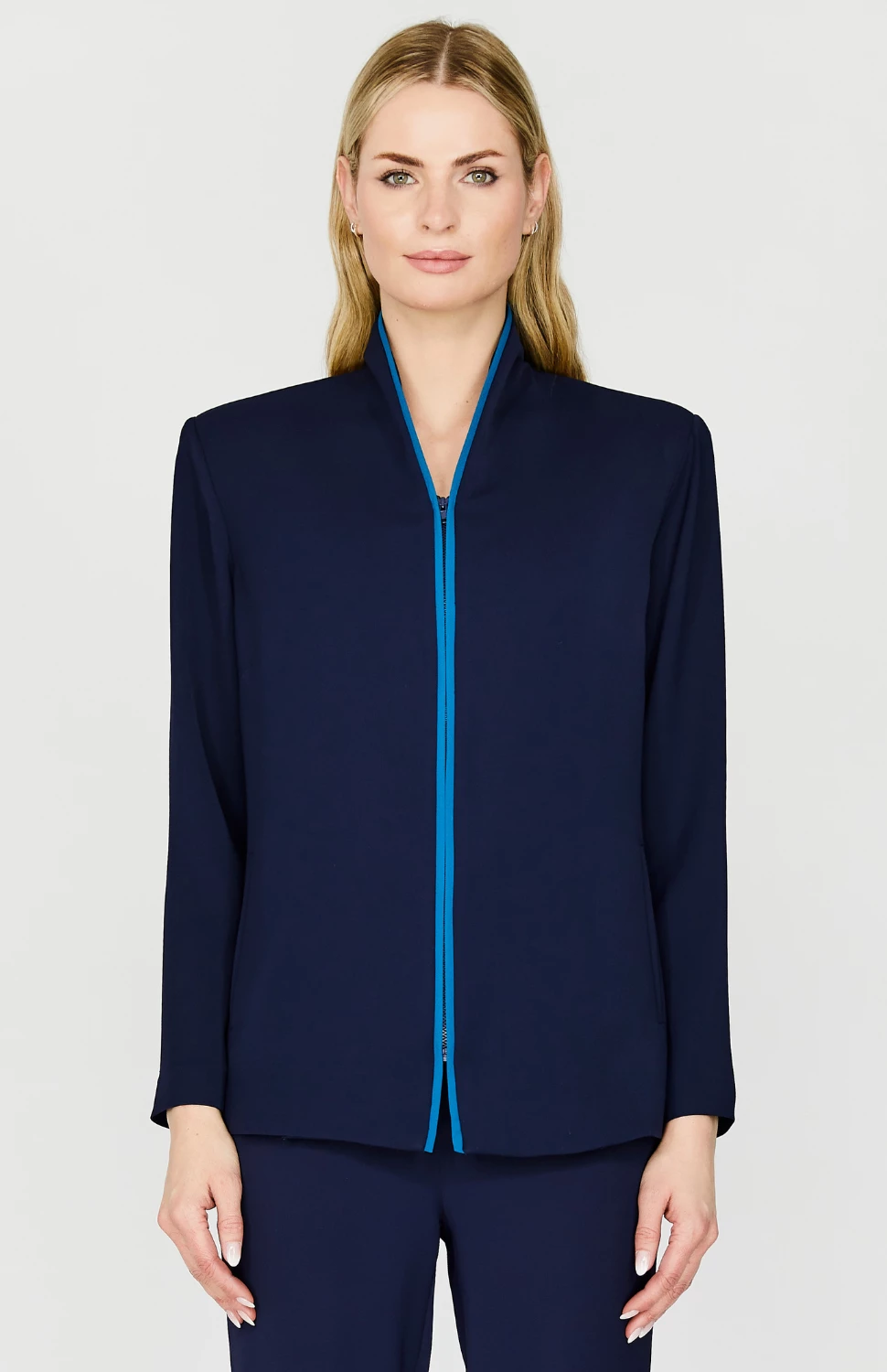 EMMELLE Lustrous Crepe Zip Front Jacket W/Contrast Bias Trim Jackets 1 EMMELLE Lustrous Crepe Zip Front Jacket W/Contrast Bias Trim Jackets