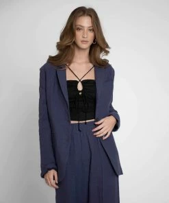 Nicole Miller Denim Blue Solid Oversized Linen Blazer Jackets
