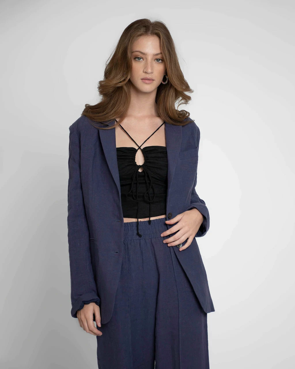 Nicole Miller Denim Blue Solid Oversized Linen Blazer Jackets 2 Nicole Miller Denim Blue Solid Oversized Linen Blazer Jackets