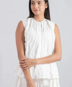 Mieko Mintz Dyed Cotton Silk Voile Wavy Kantha Tucked Sleeveless Blouse