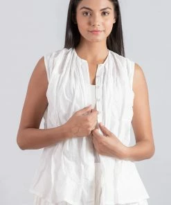 Mieko Mintz Dyed Cotton Silk Voile Wavy Kantha Tucked Sleeveless Blouse