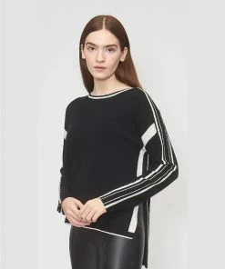 KOKUN Black Cashmere Step Hem With Platinum Stripe Sweaters