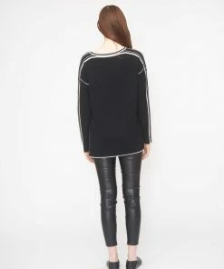 KOKUN Black Cashmere Step Hem With Platinum Stripe Sweaters