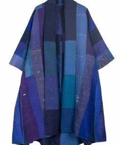 Mieko Mintz Stripe And Chech Cotton Silk Patch Kantha 3/4 Sleeve A-Line Duster