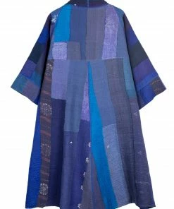 Mieko Mintz Stripe And Chech Cotton Silk Patch Kantha 3/4 Sleeve A-Line Duster