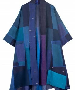 Mieko Mintz Stripe And Chech Cotton Silk Patch Kantha 3/4 Sleeve A-Line Duster
