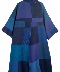Mieko Mintz Stripe And Chech Cotton Silk Patch Kantha 3/4 Sleeve A-Line Duster