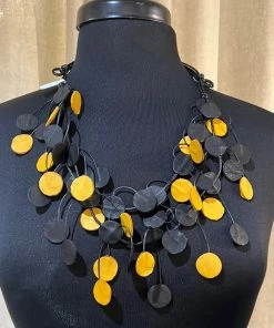 Sylca Yellow And Black Leather Dots Necklace