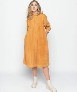 Baci Dresses Wash Dyed Pleated Button-Up Shirtdress Copper