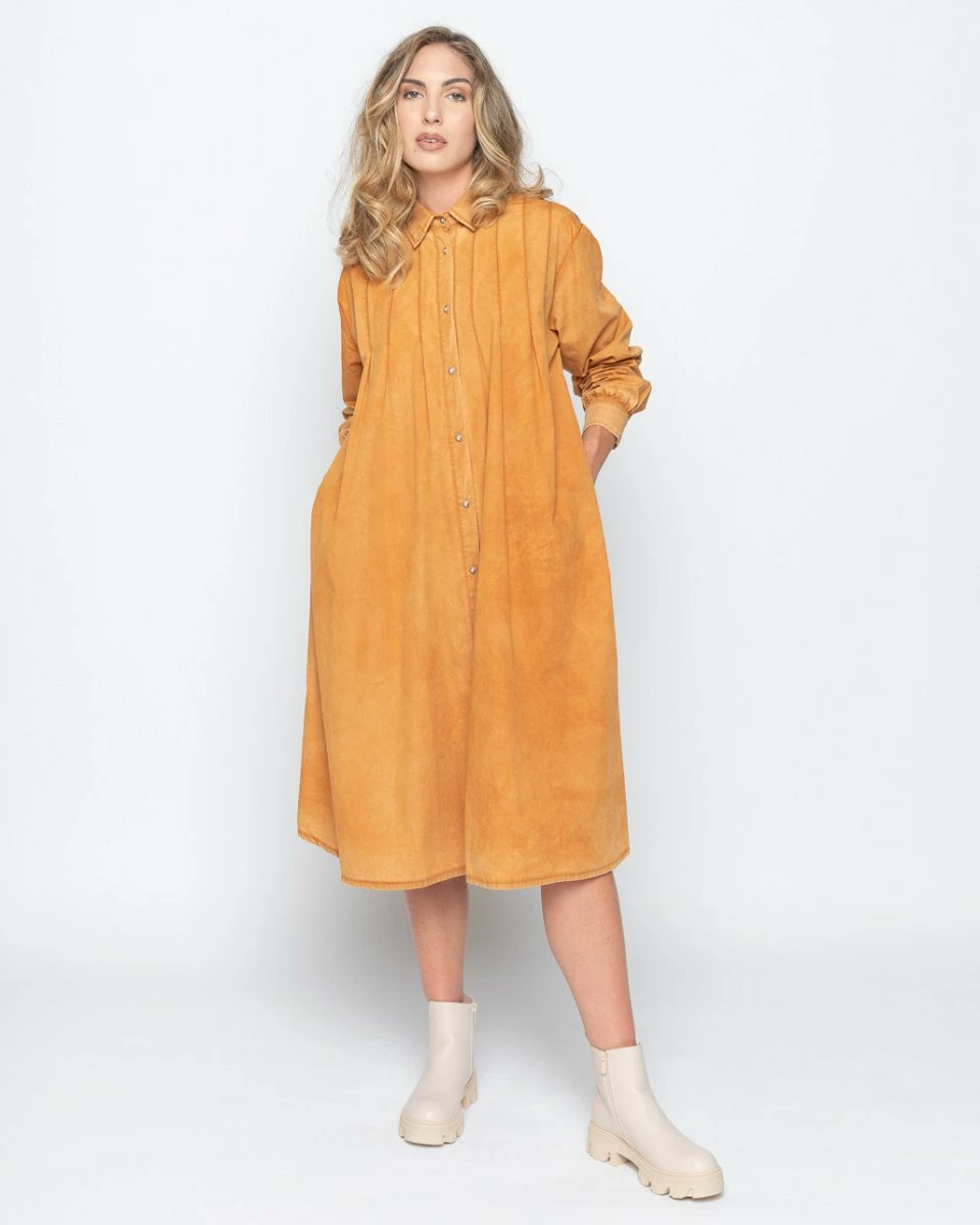 Baci Dresses Wash Dyed Pleated Button-Up Shirtdress Copper 1 Baci Dresses Wash Dyed Pleated Button-Up Shirtdress Copper